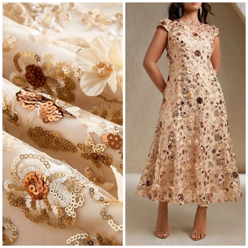New Embroidered Floral Sequin Flare Skirt Midi Dress PLUS Champagne Ivory Gold